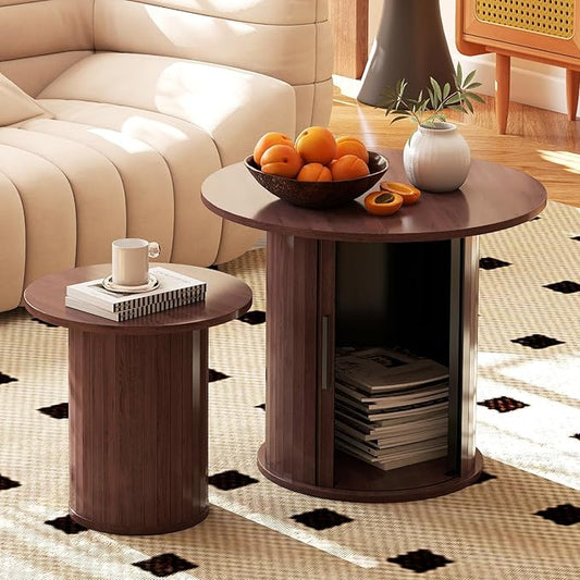 Nesting Coffee Table Set of 2 with Hidden Storage & Sliding Door, Circle Wood Coffee Table, Farmhouse Side & End Table Sets for Living Room, Small Spaces, Walnut