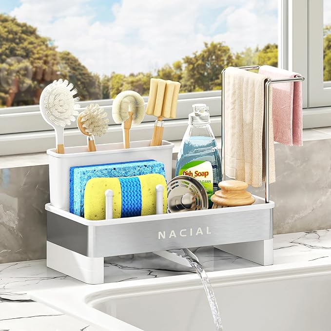 Nacial Sponge Holder for Kitchen Sink, Sink Caddy Organizer with High Brush Holder, Two Towel Racks & Soap Dispenser- Rustproof 304 Stainless Steel Kitchen Countertop Storage Essentials - White-NeatNest