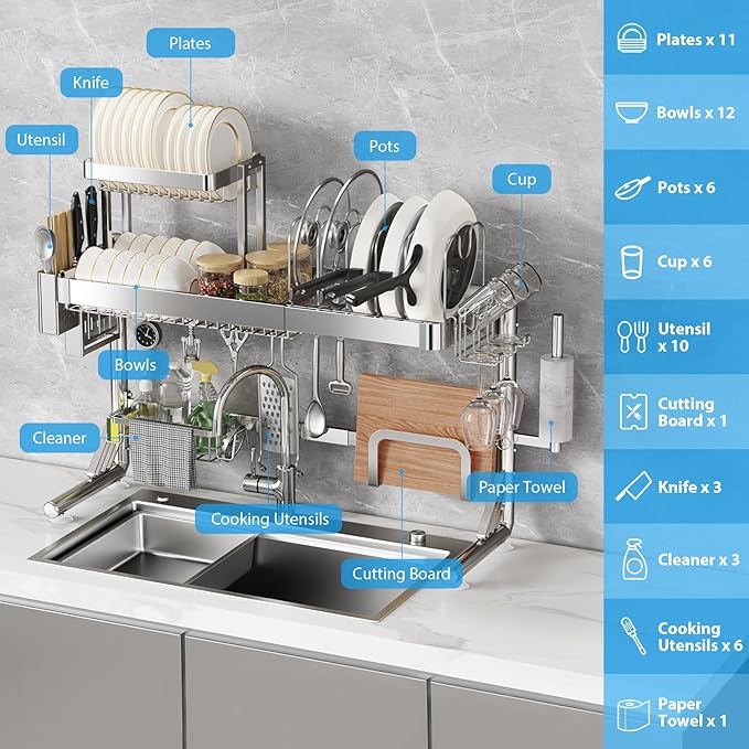 Over Sink Dish Drying Rack, Upgrade 2.5-Tier 304 Stainless Steel Dish Rack Adjustable Length with Pots and Pans Rack, Modern Over The Sink Dish Drainer Rack for Kitchen Storage Counter Organizer
