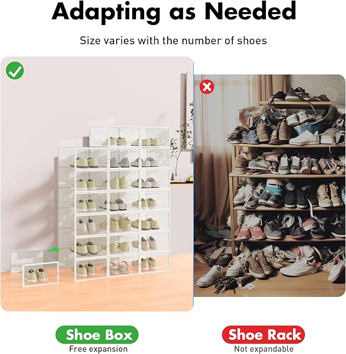 Shoe Storage Box, 15 Pack Clear Plastic Stackable Shoe Organizer for Closet, Interlocking Design Shoe Container Bins for Sneakers, Foldable Shoe Rack with Lids, White-NeatNest