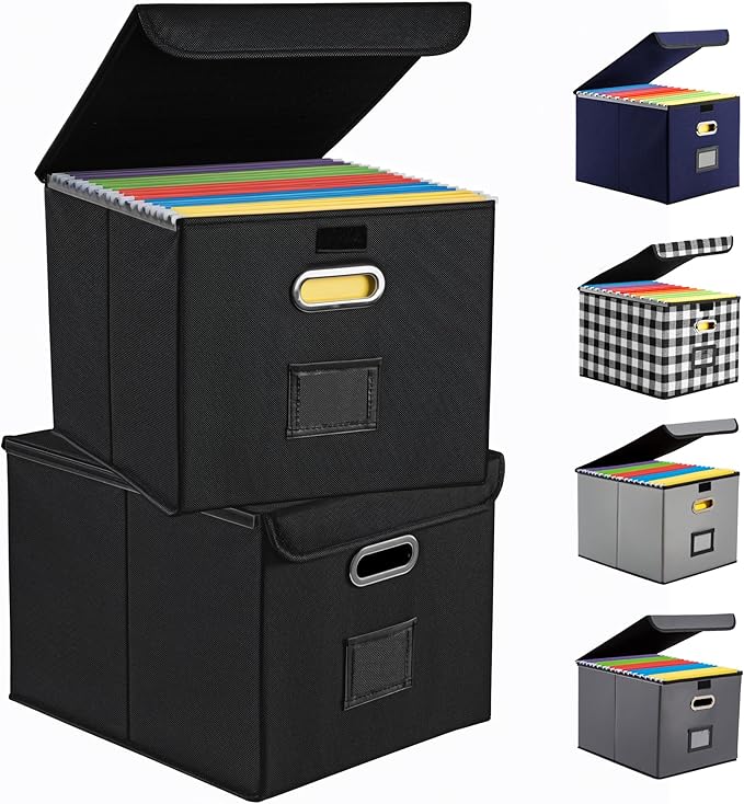 File Organizer Box, Linen Filing Organizer with Lid, Large Desktop File Boxes, Black,2 Pack