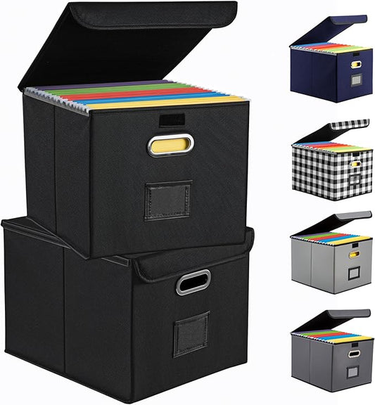 File Organizer Box, Linen Filing Organizer with Lid, Large Desktop File Boxes, Black,2 Pack