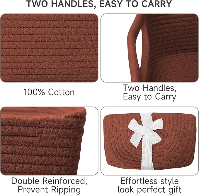 3-Pack Shelf Baskets for Organizing, Closet Organizer Bins, Small Woven Baskets, Rope Toy Basket, Storage Basket for Shelves, Cube Decorative Box, 11.5×7.5×4.7”, Oxide Red-NeatNest
