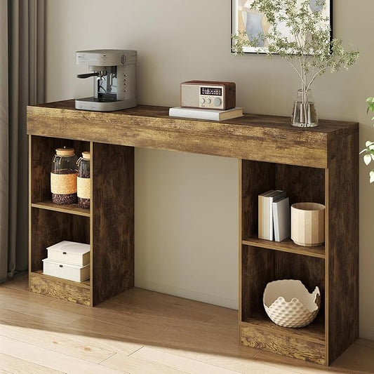 55 Inches Console Table,4 Cubes Narrow Entryway Table,3 Tier Wood Behind Couch Sofa Table,TV Console with Storage for Living Room,Hallway,Entrance,Foyer (Bright Brown)-NeatNest