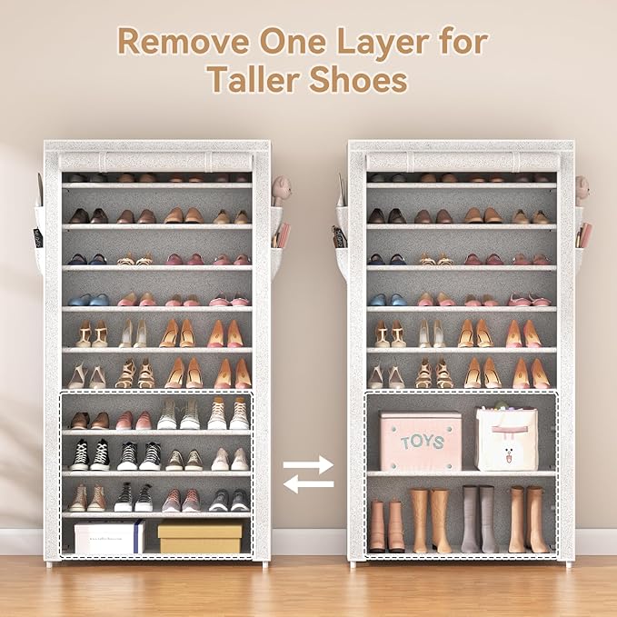 ROJASOP 10 Tier Shoe Rack with Covers Large Capacity Stackable Tall Shoe Shelf Storage for 50-55 Pairs Shoe and Boot, Sturdy Free Standing Shoe Rack Organizer for Closet, Entryway, Bedroom-NeatNest