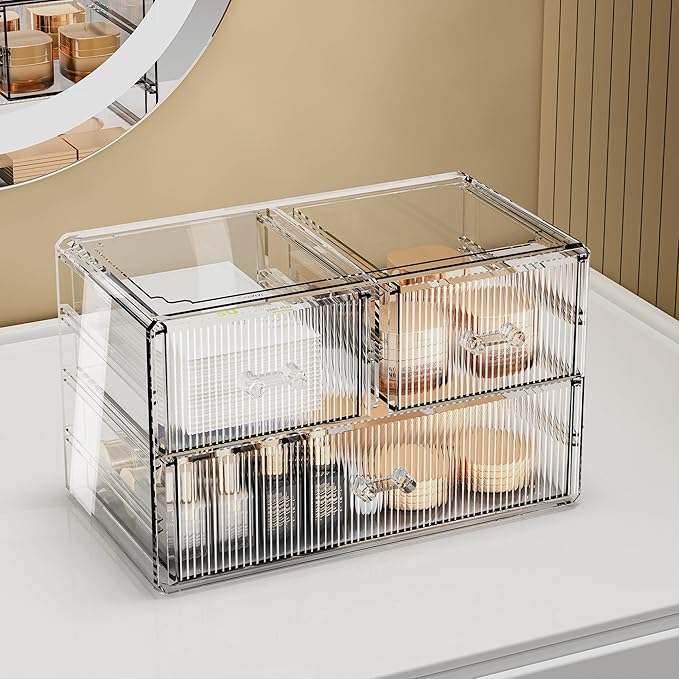ZHIAI Stackable Storage Drawers, Acrylic Bathroom Counter Organizer Clear Makeup Organizers for Vanity, Kitchen Cabinets, Bathroom, Undersink, Home Organization and Storage (3 Drawers, Pattern A)-NeatNest