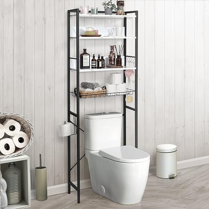 CAPHAUS Over The Toilet Storage, 4-Tier Bathroom Organizer, Freestanding Toilet Shelf, Multifunctional Space Saver Toilet Rack with 4 Hooks, Laundry Organizer, Plant Stand for Balcony (Marble White)-NeatNest