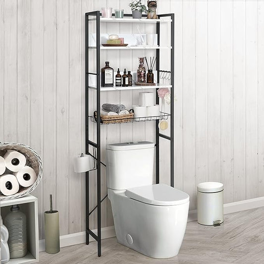 CAPHAUS Over The Toilet Storage, 4-Tier Bathroom Organizer, Freestanding Toilet Shelf, Multifunctional Space Saver Toilet Rack with 4 Hooks, Laundry Organizer, Plant Stand for Balcony (Marble White)-NeatNest