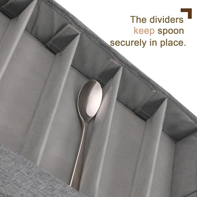 Joyfol Day Flatware Utensil Storage Case, Silverware Storage Box with Padded Dividers, Removable Cutlery Storage Holder with Handles and Removable Lid, for Protects and Organizes Cutlery, Grey-NeatNest