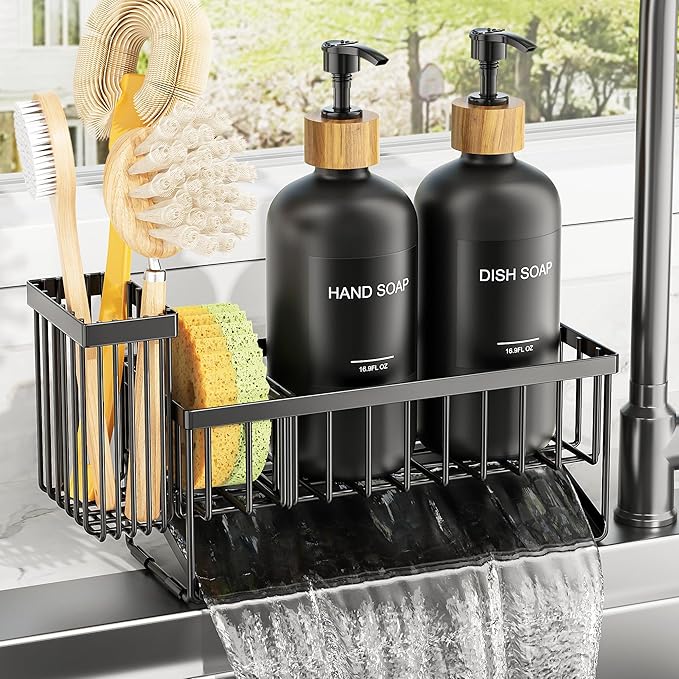 Cisily Kitchen Dish Soap Dispenser Set with 2 Pack Black Glass, Soap Dispensers with Adjustable Black Sink Caddy, Vintage Kitchen Soap Dispenser Set, Hand and Dish Soap Dispensers Set-NeatNest
