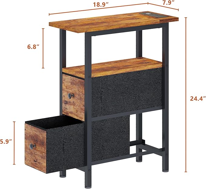 End Table with Charging Station, Narrow Side Table with 2 Fabric Drawers, Skinny Nightstand with LED Light, Slim Bedside Table for Bedroom, Living Room, Small Spaces, Rustic Brown