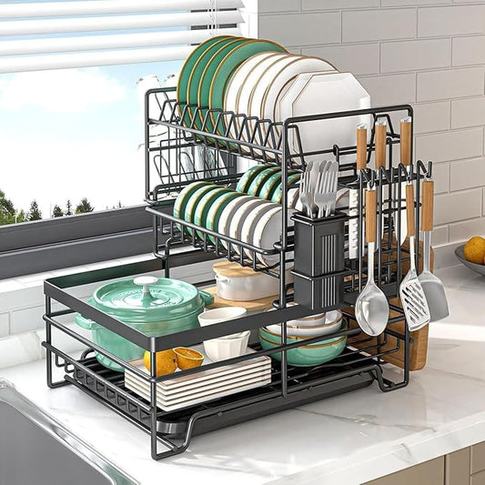 MIUOPUR 3 Tier Detachable Dish Drying Rack with Drainboard, Large Capacity Dish Drainer with Utensil Holder, Space-Saving Kitchen Counter Organizer for Plates, Bowls, Cups, Cutlery, Knifes