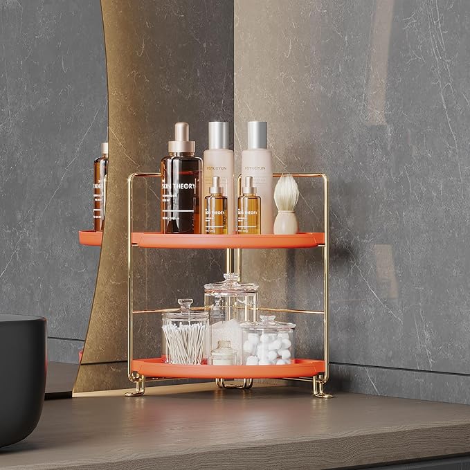 FSyueyun 2-Tier Corner Bathroom Counter Organizer, Tool-Less Installation Corner Vanity Organizer Small Plastics Countertop Makeup Tray Skincare Perfume Organizers (Gold & Orange)-NeatNest