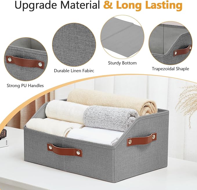 Closet Organizers and Storage, Linen Trapezoid Storage Bins with Handles, Collapsible Shelf Organizer for Blanket, Towel, Clothes, Hats, Purse (Gray)-NeatNest