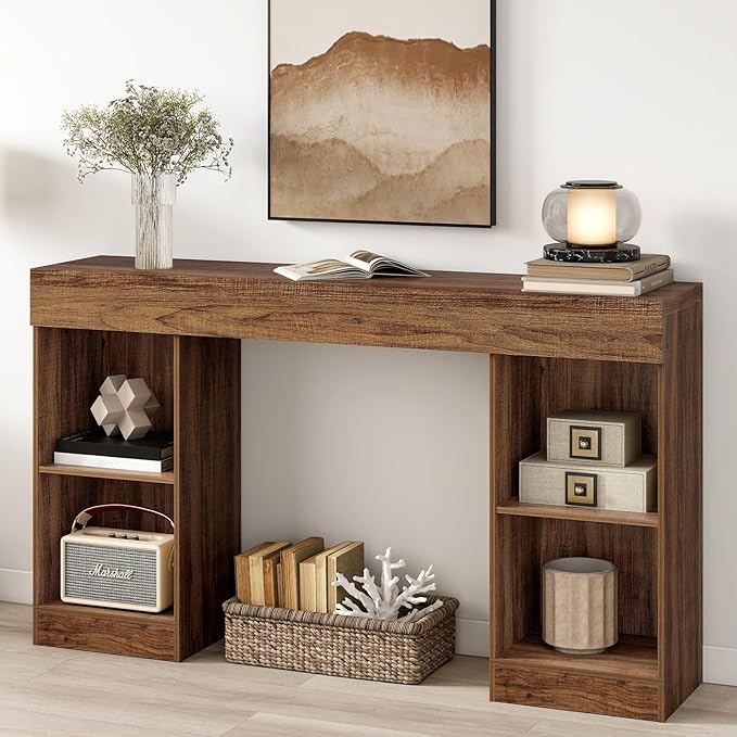 55 Inches Console Table,4 Cubes Narrow Entryway Table,3 Tier Wood Behind Couch Sofa Table,TV Console with Storage for Living Room,Hallway,Entrance,Foyer (Striped Brown)-NeatNest