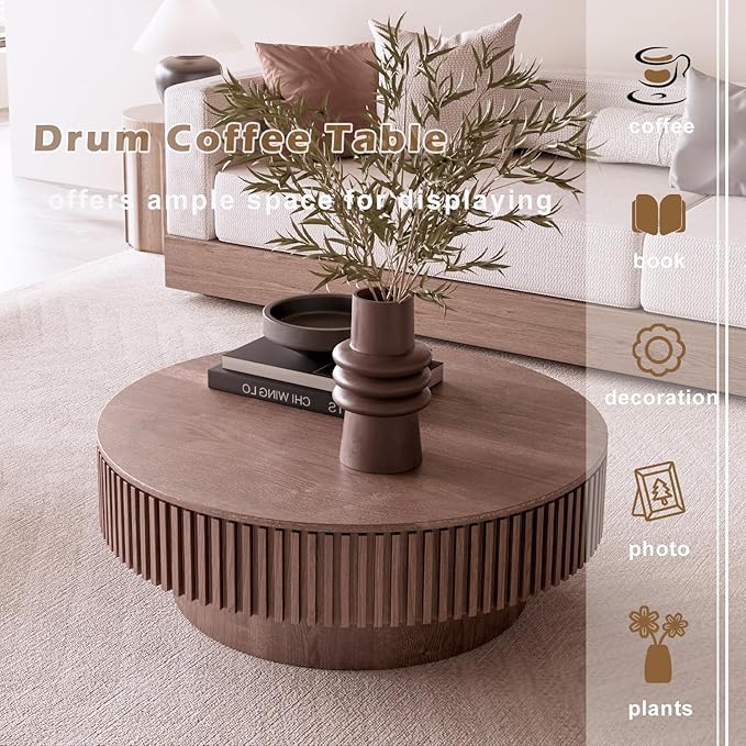 39'' Round Coffee Table with Storage, Modern Wooden Coffee Table with Solid Wood Veneered, Circle Center Table Accent Tea Table for Living Room Apartment Walnut