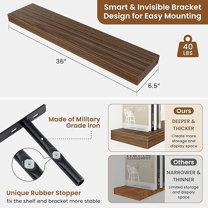 fuqing Floating Shelves for Wall, Bathroom Shelf Wall Mounted for Storage, Shelves with Invisible Bracket for Bedroom, Kitchen, Living Room, Farmhouse Small Book Shelf, 36 Inch Set of 2, Walnut-NeatNest