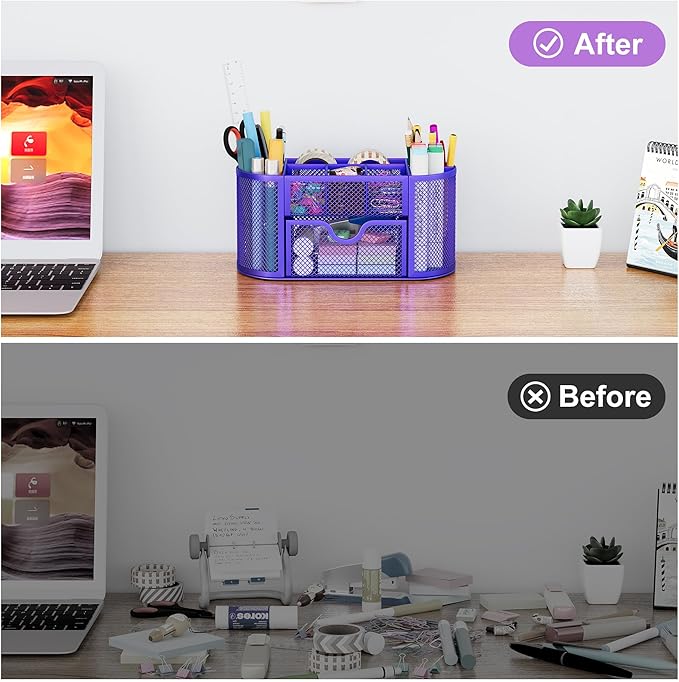 EasyPAG Mesh Desk Organizer, Multi-functional Stationery Organizer for School Supplies, Office Pen Holder for Desk, 9 Compartments Dorm Organization with Drawer, Purple