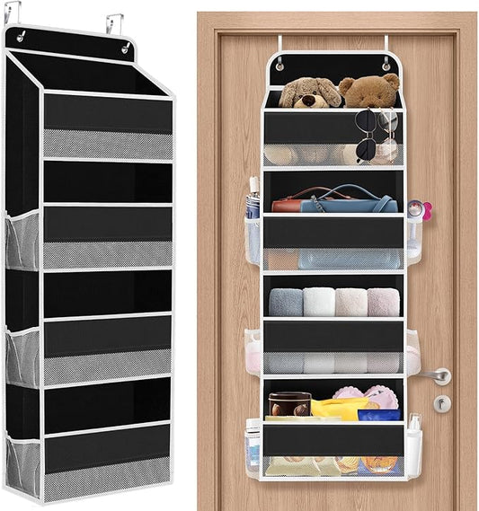 1 Pack Over The Door Organizer, Hanging Storage Organizer with Clear Window, 40lb Ultra Sturdy Large Capacity Room Organizer for Pantry Laundry Bathroom Nursery Closet (Black)-NeatNest