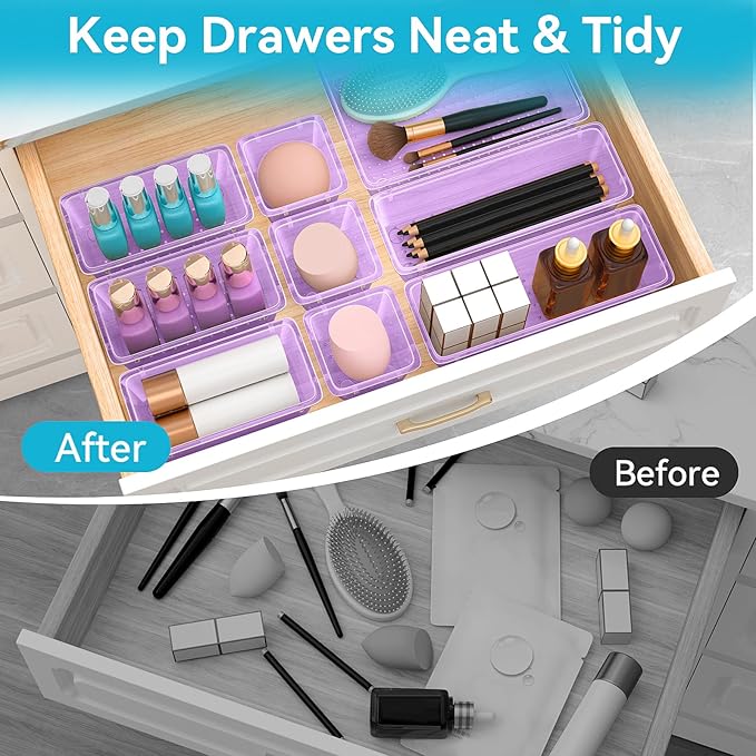 12-Piece Drawer Organizer Set, 4 Sizes Versatile Plastic Vanity Organizer for Makeup, Stationery, Gadgets, in Kitchen, Bathroom, Office, and Bedroom, Purple-NeatNest