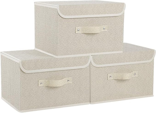 Fabric Storage Bins Cube Organizers with Flip-Top Lid and Handles,Storage Boxes for Organizing Home,Office,and Closet,Grey and Beige,3 Pack 13 X 9.1 X 7.9 in-NeatNest
