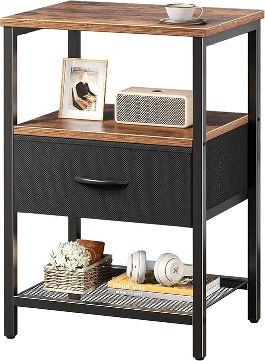 Huuger Night Stand with Fabric Drawer, Side Table with Mesh Shelf, Bedroom Nightstand, Fabric Drawer Dresser, Open Shelf, Metal Frame, Couch Side, Rustic Brown and Black