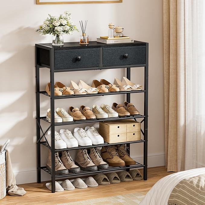 Shoe Rack for Entryway, 5 Tier Shoe Organizer with 2 Non-Woven Drawers, Metal Storage Shoe Shelf for 16-20 Pairs of Shoes, with Wooden Top and Steel Frame, Shoe Stand for Closet Black Grey-NeatNest