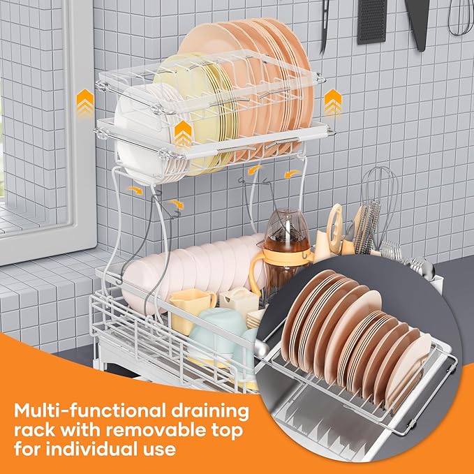 Dish Drying Rack for Kitchen Counter, Extendable Dish Rack with Drainboard, Kitchen Countertop 2 Tier Dish Drying Rack, Expandable Dish Strainer with Cutlery Holder, Removable Cutlery Holder（White）