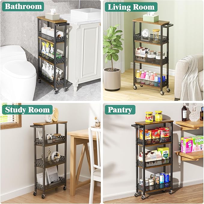 Giwil 4-Tier Slim Rolling Storage Cart for Kitchen Bathroom Organizer, Mobile Narrow Storage Cabinet Utility Cart with Wood Rack on Wheels for Pantry Laundry Small Space