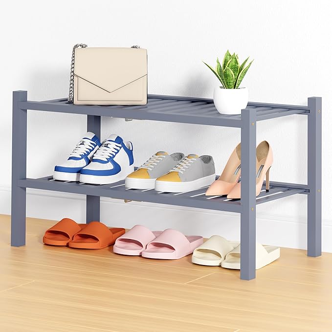 Smiry Shoe Rack, 2 Tier Thick Bamboo Shoe Organizer, Stackable Free Standing Wooden Shoe Storage Shelf for Closet, Entryway, Front Door Entrance, Grey-NeatNest