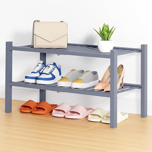 Smiry Shoe Rack, 2 Tier Thick Bamboo Shoe Organizer, Stackable Free Standing Wooden Shoe Storage Shelf for Closet, Entryway, Front Door Entrance, Grey-NeatNest