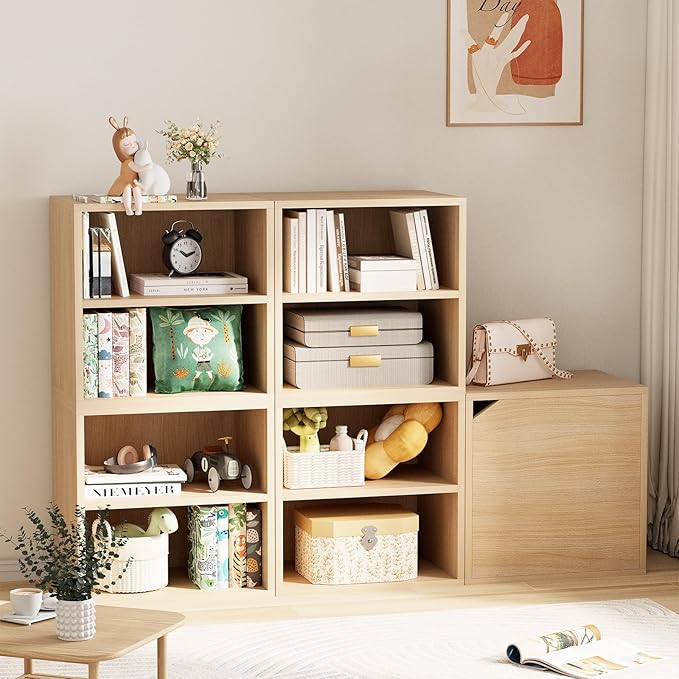 Garden 4 You Cube Storage Organizer Shelf, 2 Tiers Stackable Bookshelf With Door, Wooden Display Bookcase, Small Cabinet for Living Room Bedroom, Natural-NeatNest