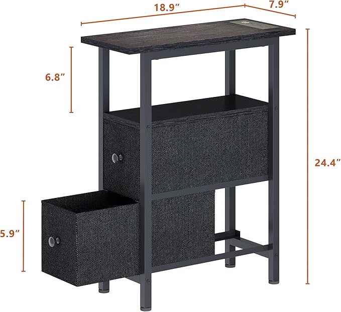 End Table with Charging Station, Narrow Side Table with 2 Fabric Drawers, Skinny Nightstand with LED Light, Slim Bedside Table for Bedroom, Living Room, Small Spaces, Black