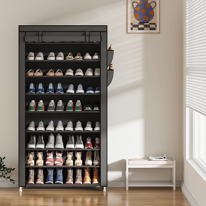 Laiensia 9-Tier Vertical Shoe Rack Organizer, Space Saving Shoe Storage Organizer, Non-Woven Cover Shoe Shelf Holds 36-45Pairs for Bedroom, Hallway, Closet Entryway, Grey-NeatNest
