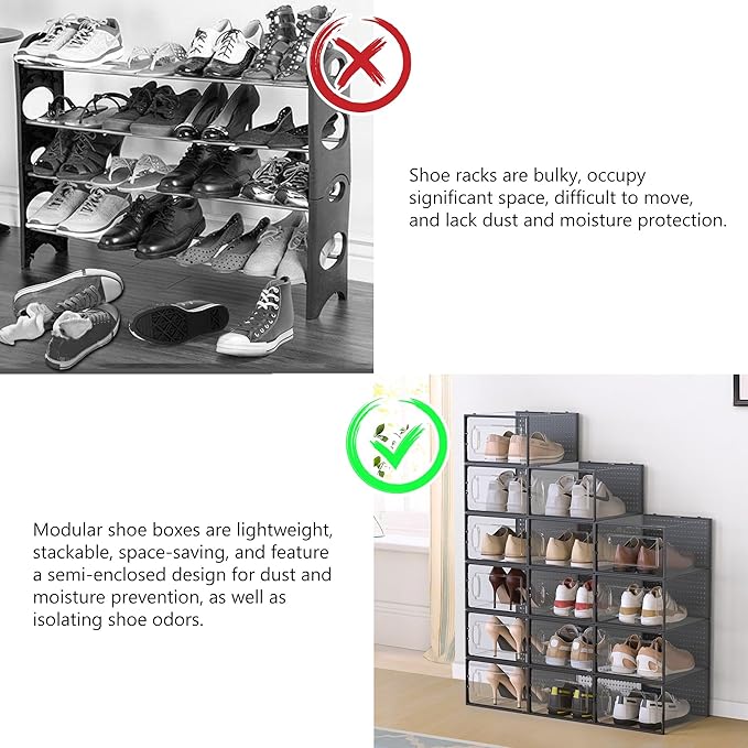 12 Pack X-Large Modular Clear Plastic Stackable Shoe Storage Organizer for Closet, Space Saving Versatile Sneaker Shoe Rack Containers Bins Holders, Portable Closet Organizers and Storage, White02-NeatNest