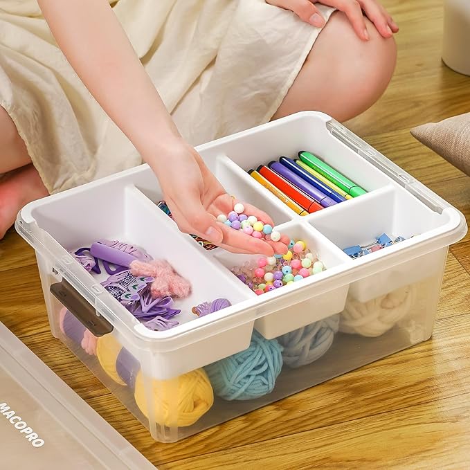 17 QT Plastic Storage Box with Removable Tray Craft Organizers and Storage Clear Storage Container for Organizing Bead, Tool, Sewing, Playdoh (White, 1Pack-17QT)