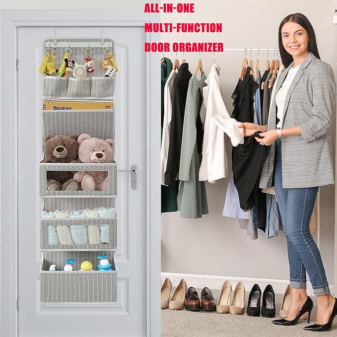 VICTORICH All-IN-ONE Over the Door Organizer, Super Behind the Door Storage Organizer with Door Rack and Large Clear Windows, Wall File Organizer, Hanging Organizer (New Branch Gray)