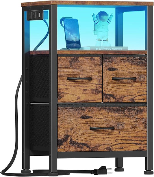 Furnulem Led Nightstand with Charging Station, Bedside Table with 3 Fabric Drawers and Storage Shelf, End Table with USB Ports and Outlets, Small Night Stand for Bedroom, Rustic Brown