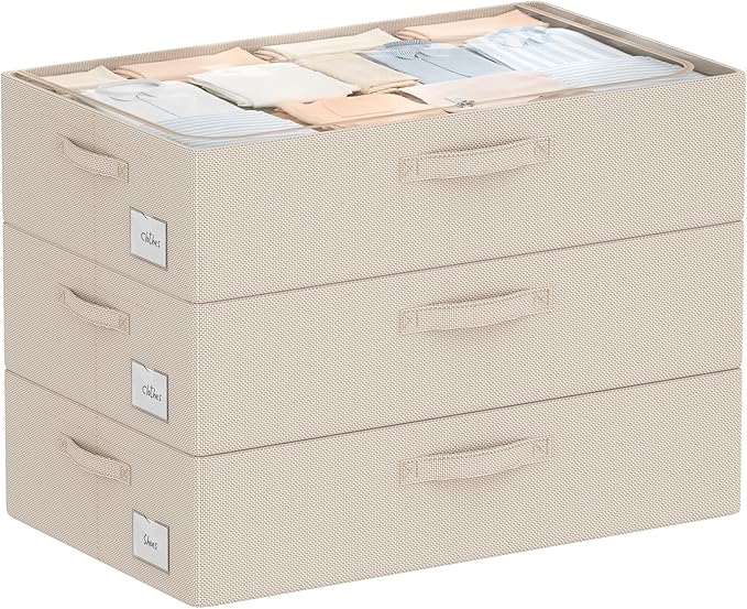 3Pcs Under Bed Storage Bins with Metal Frame - Shoe Organizer for Closet with Clear Cover Oxford Fabric Sturdy Underbed Container Foldable Stackable Clothes Organizer (Beige, 23.5x15.7x6.3)-NeatNest
