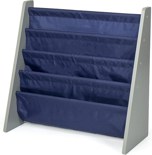 Humble Crew 4-Tier Kids Bookshelf, Grey Wood/Navy - Premium Book Shelf for Kids Rooms with Four Deep Pockets - Toddler Sling Book Rack with Deep Sleeves, Nursery Bookcase Organizer