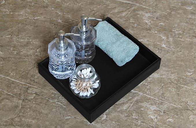 HofferRuffer Faux Leather Vanity Tray, Elegant Desktop Storage Organizer, Decorative Catchall for Perfume, Bathroom Valet, Nightstand or Dresser, Black, 10.2 x 8.4 x 1.8 Inches-NeatNest
