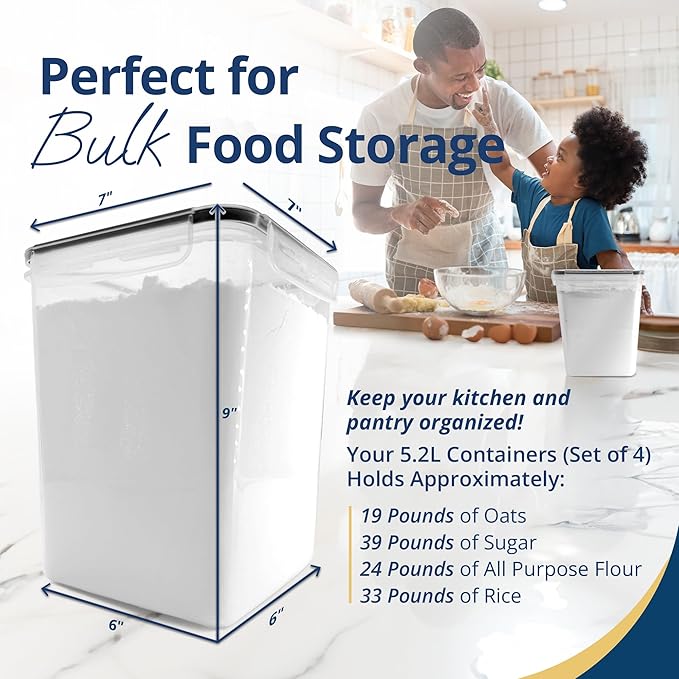 Reli. 5.2L Airtight Food Storage Containers with Lids (4 Sets) | Kitchen Organizers and Storage Pantry Organizers | BPA Free Plastic Container Set w/ 4 Measuring Cups, Dough Scraper, 6 Labels, Pen