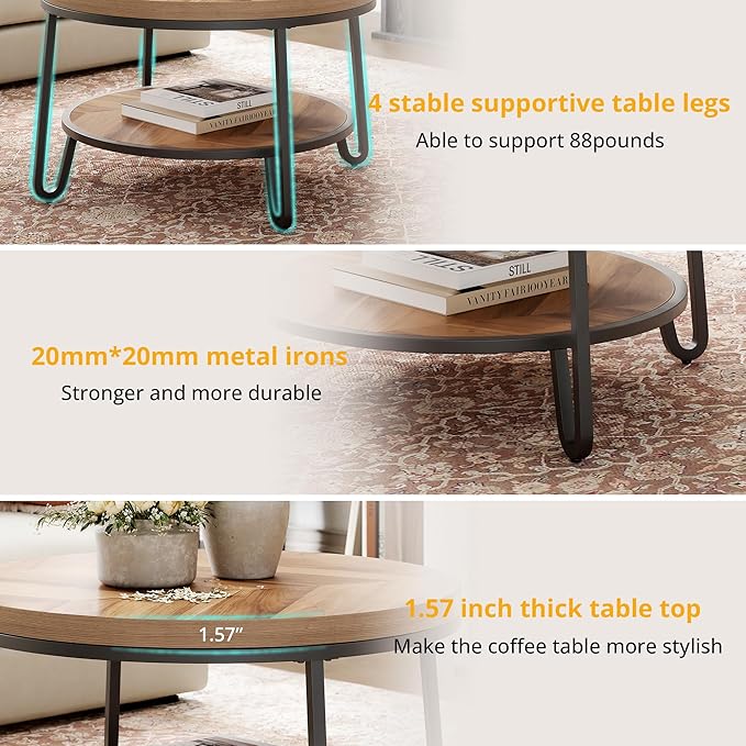 32" Round Coffee Table, Circle Coffee Table for Living Room with 2-Tier Storage Shelves, Design Accent Center Table with Wood Grain Desktop, Easy to Assemble