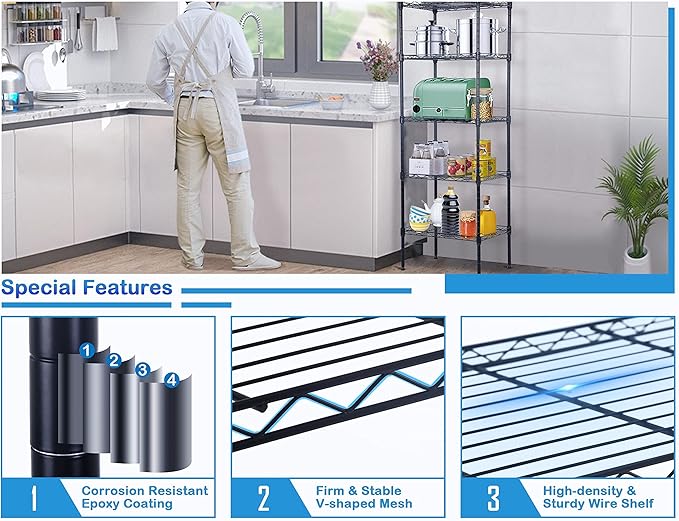5-Tier Metal Wire Shelving Unit Snack Shelf Height Adjustable Storage Rack NSF Certified Storage Shelves 750 Lbs Capacity Standing Utility Shelf for Laundry Kitchen Pantry Garage Organization