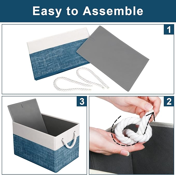 Fab totes Storage Bins [2-Pack], Foldable Storage Baskets for Organizing Toys, Books, Shelves, Closet, Large Storage Box with Rope Handles, Sturdy Organizer Bins, White & Blue-NeatNest