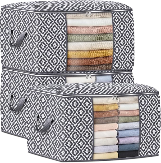 Direct 100L, 3 Pack, Storage Containers, Large Clothes Storage Bins Foldable Organization and Storage Bags with Reinforced Handle, Clear Window for Bedding, Blankets, Clothing, Grey-NeatNest