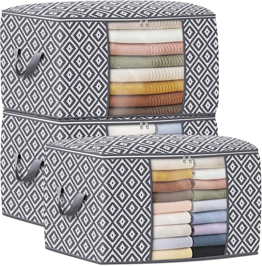 Direct 100L, 3 Pack, Storage Containers, Large Clothes Storage Bins Foldable Organization and Storage Bags with Reinforced Handle, Clear Window for Bedding, Blankets, Clothing, Grey-NeatNest