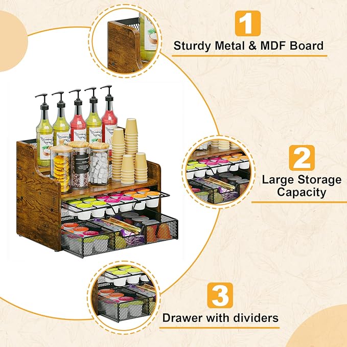 Coffee Pod Holder with Drawer & Dividers, 4-Tier Wood K Cup Organizer for Countertop, Coffee Bar Organizer Storage Box, Coffee Station Organizer for Kitchen Coffee Station-NeatNest