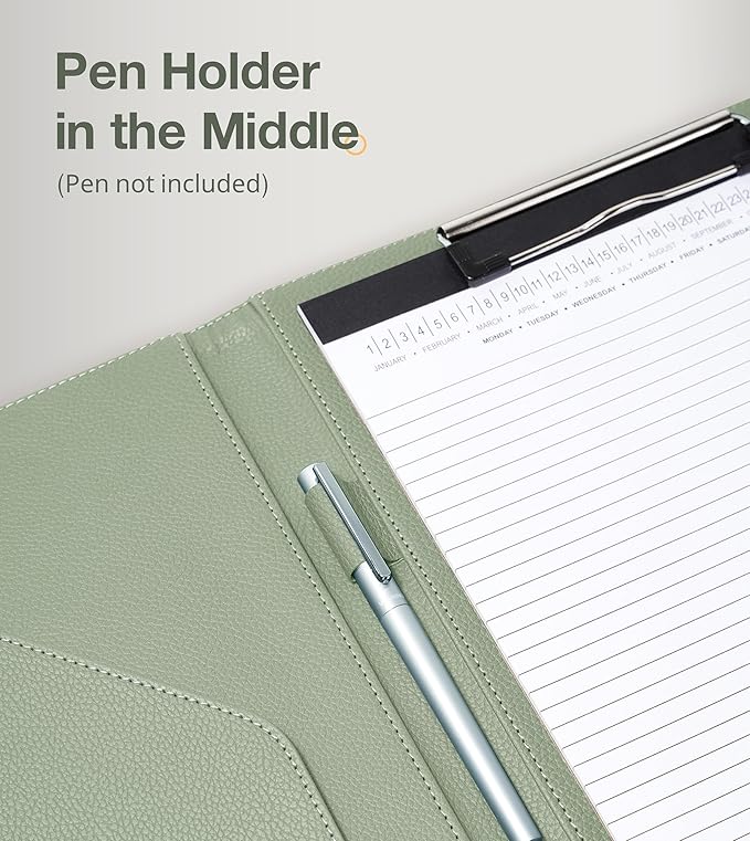 Clipboard Folder Padfolio, Mymazn Writing Portfolio Faux Leather Clipboards with Cover for Legal Pad Holder Letter Size A4 8.5 x 11 for Business Conference Notepad Clip Board (Sage)-NeatNest