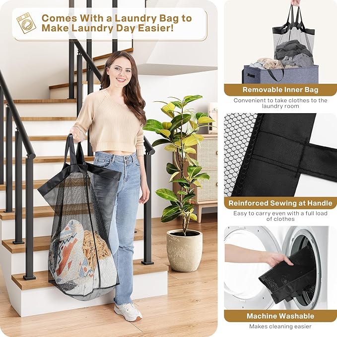 SOLEDI Large Double Laundry Hamper with Lid, Collapsible Clothes Hamper 2 section with Removable Bags, Space-Saving Laundry Basket for Bedroom, Dorm, College-NeatNest